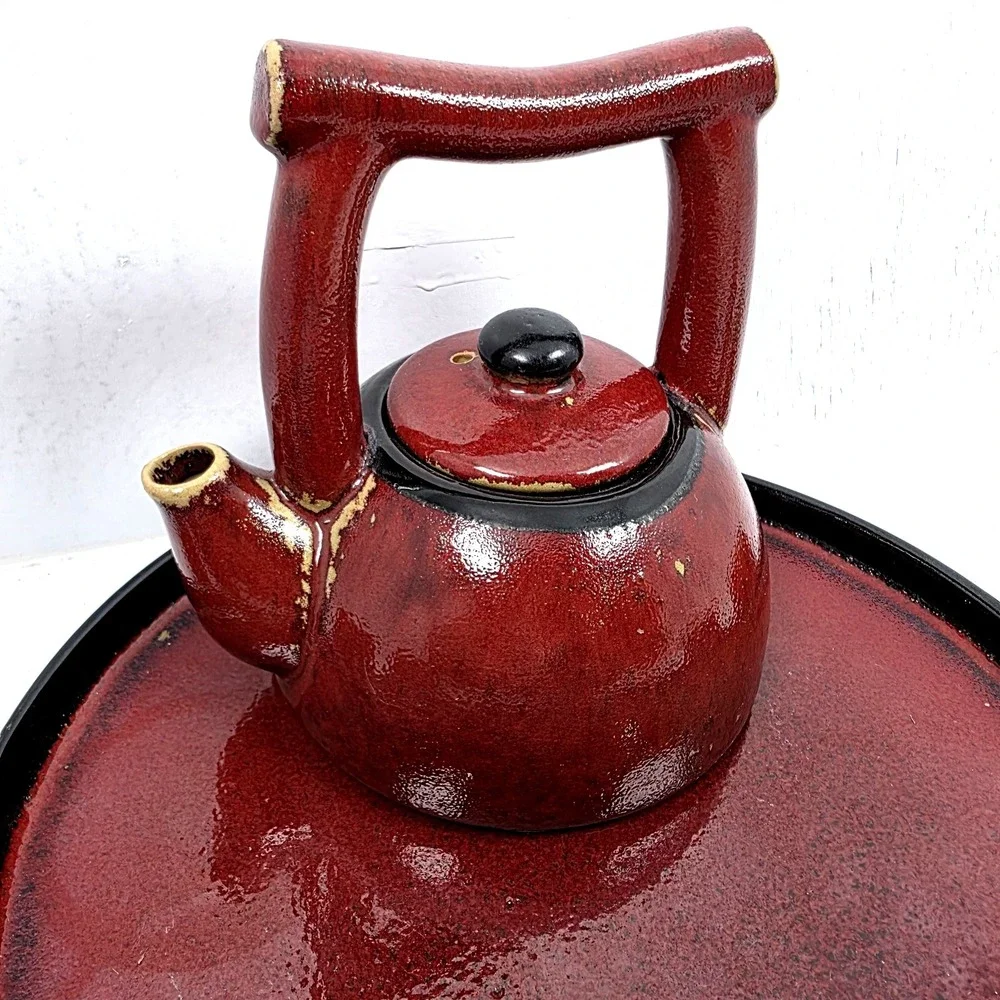 Vtg Pier 1‎ Shanghai Teapot Set 7 piece Earthenware Reddish Brown Black Tan